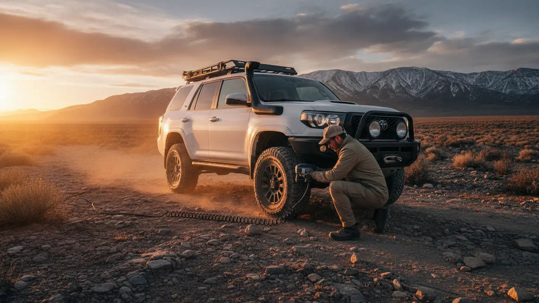 Off-road setting with a rugged SUV parked on a rocky terrain, a person kneeling next to a large off-road tire using a portable tire infla...