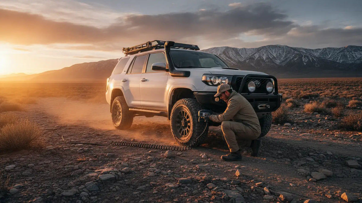 Off-road setting with a rugged SUV parked on a rocky terrain, a person kneeling next to a large off-road tire using a portable tire infla...