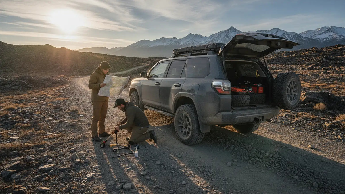 Dusty off-road trail, rugged terrain, SUV parked with open trunk, person kneeling by a tire with repair kit, another person holding a map...