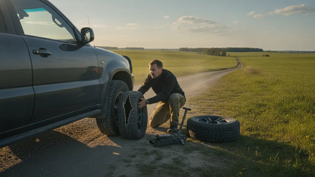 A concerned driver kneeling beside a car on a rural roadside, examining a damaged tire, bright daylight, lush green fields in the backgro...