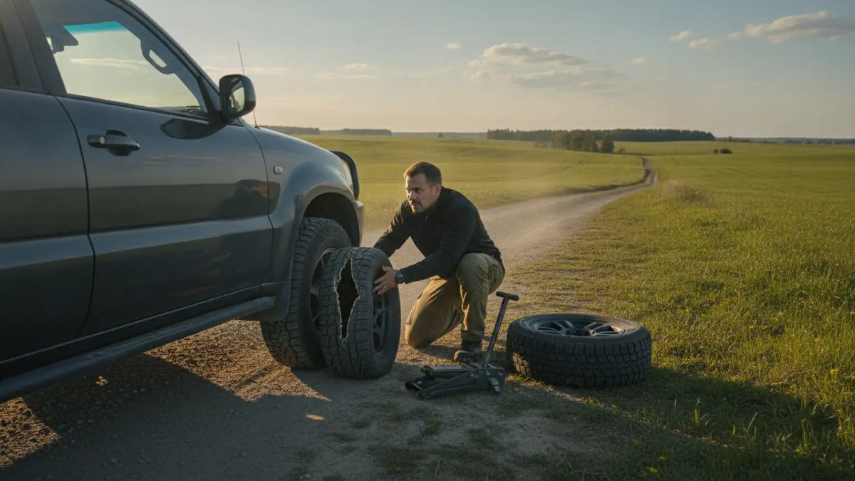 A concerned driver kneeling beside a car on a rural roadside, examining a damaged tire, bright daylight, lush green fields in the backgro...