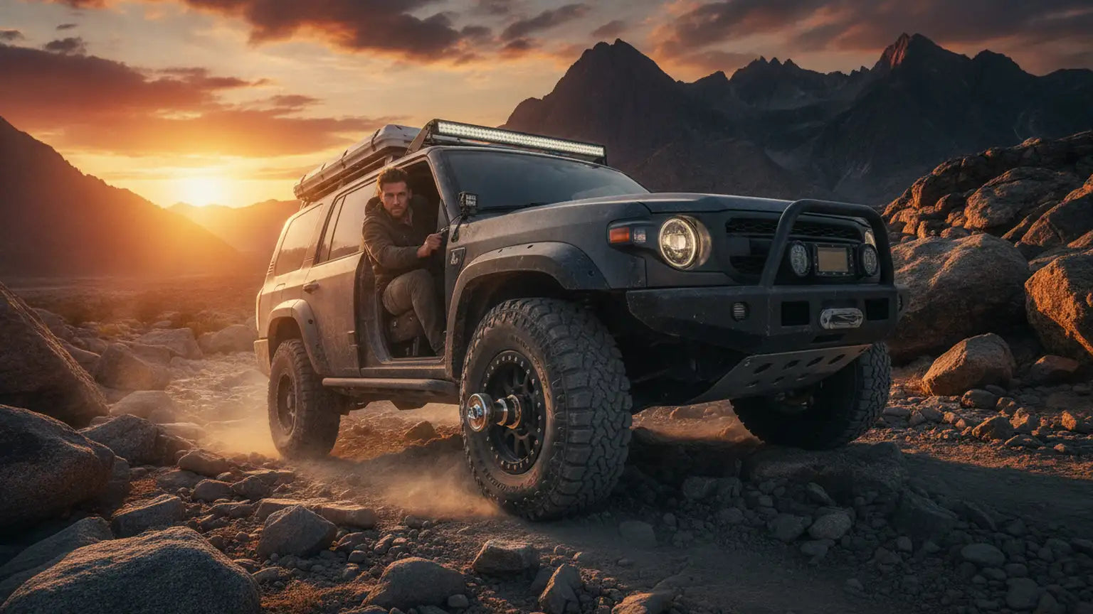 Rugged off-road vehicle on a rocky trail, tires in focus with auto-stop deflators attached, dramatic sunset lighting, mountains in the ba...
