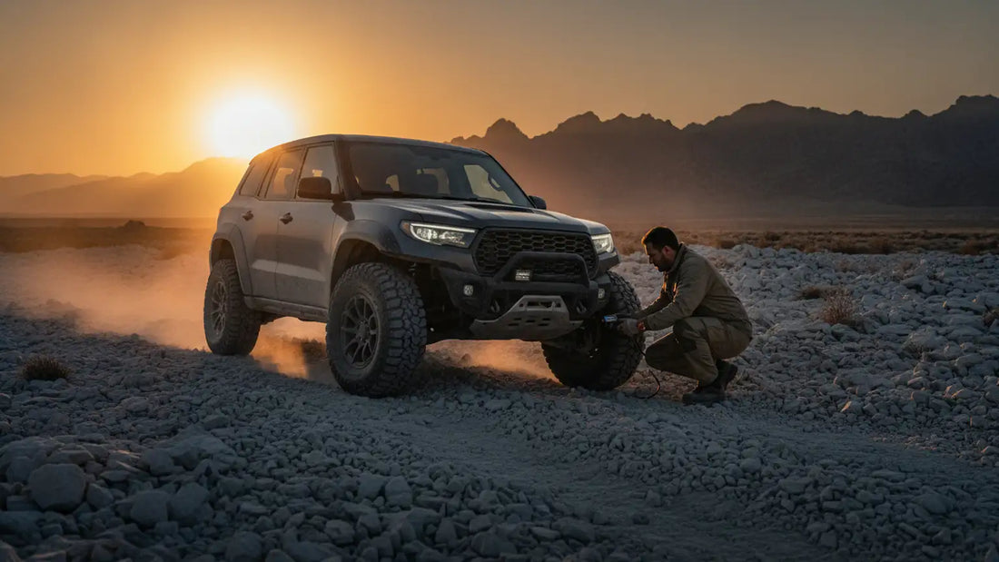 Rugged off-road vehicle navigating rocky terrain, driver adjusting tire pressure with a gauge, sun setting in the background casting warm...