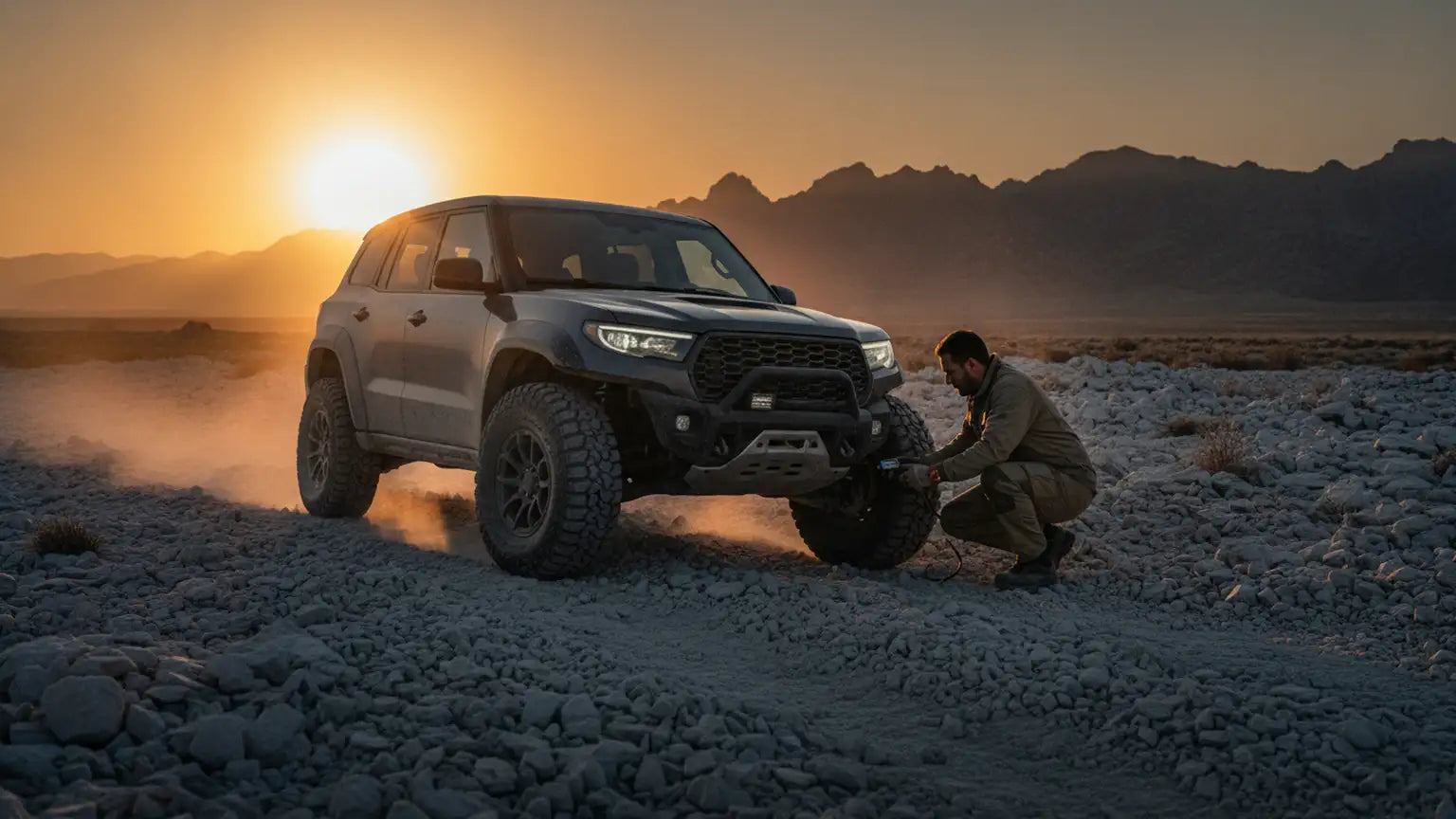 Rugged off-road vehicle navigating rocky terrain, driver adjusting tire pressure with a gauge, sun setting in the background casting warm...