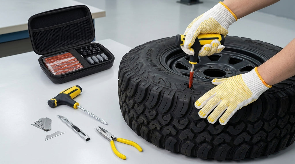 Quick-Fix Tire Repair Kit - 42 Pieces — Product in realistic use on vehicle/tire